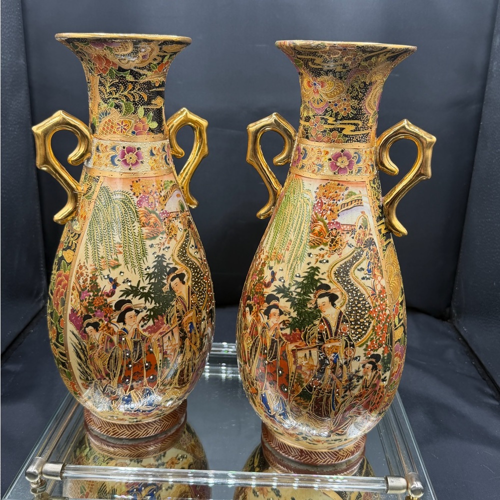 Vintage Set of 2 Royal Satsuma Japanese Hand Painted Double Handle Table Vases